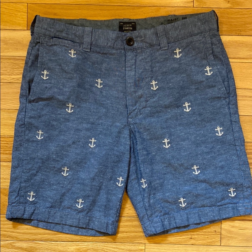 J. Crew Stanton Denim look Cotton/Linen Shorts with Embroidered Anchor Detail